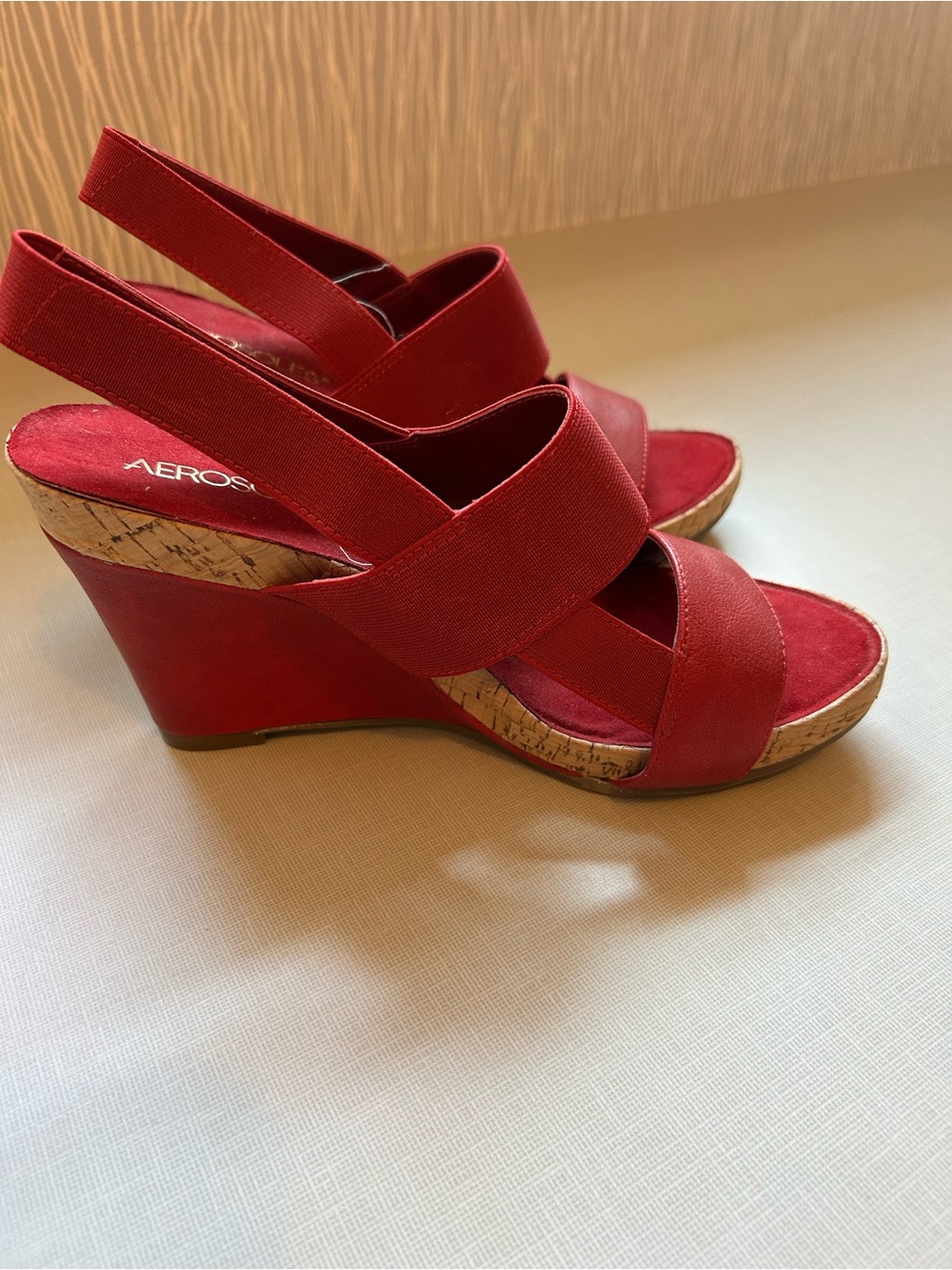 AEROSOLES Red Elastic Slingback Cork Wedge Sandals size 7.5